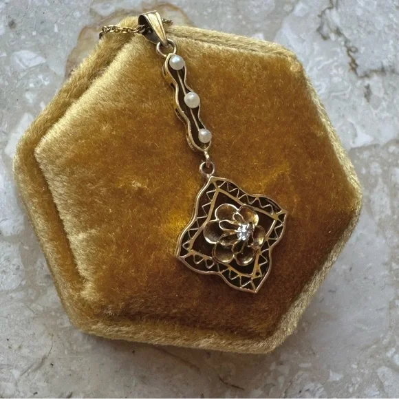 Antique Victorian Lavalier Diamond Pearl Pendant Necklace - Picture 3 of 7